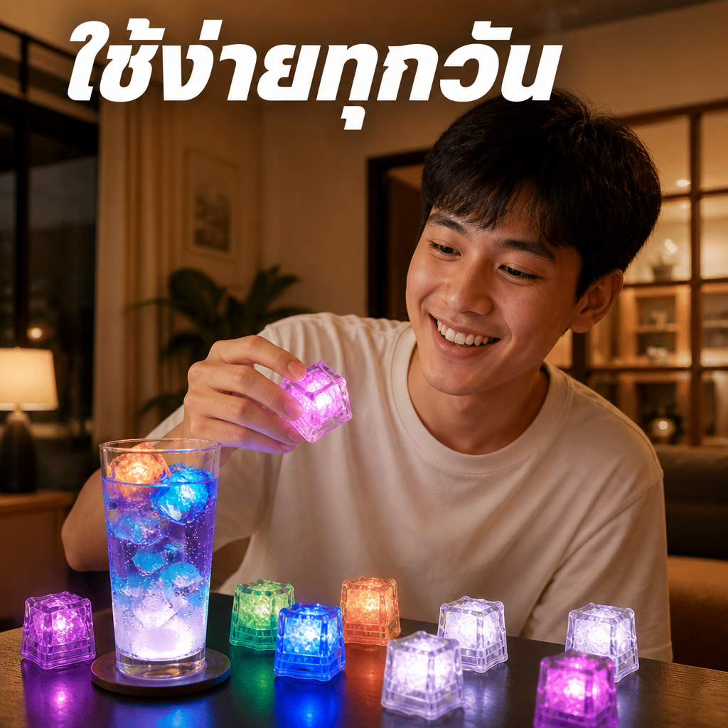 ก้อนน้ำแข็ง LED เปลี่ยนสีเมื่อโดนน้ำ