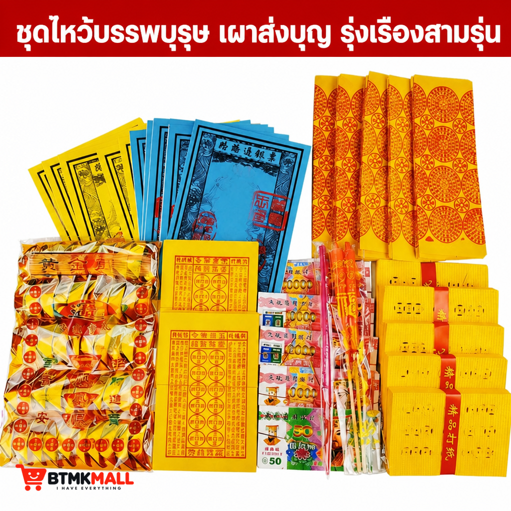 ชุดกระดาษไหว้บรรพบุรุษ กระดาษเงินกระดาษทอง ก้อนทอง เทียน ธูป สำหรับเช็งเม้ง